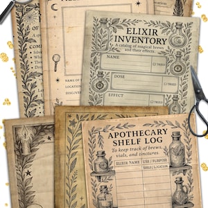 May include: A collection of vintage-style printable pages with a witchy theme. Includes an Elixir Inventory, Apothecary Shelf Log, and Field Sketch Page. The pages are adorned with botanical illustrations and text, with the words "39 Sheets" and "8.5 x 11 inches" visible.