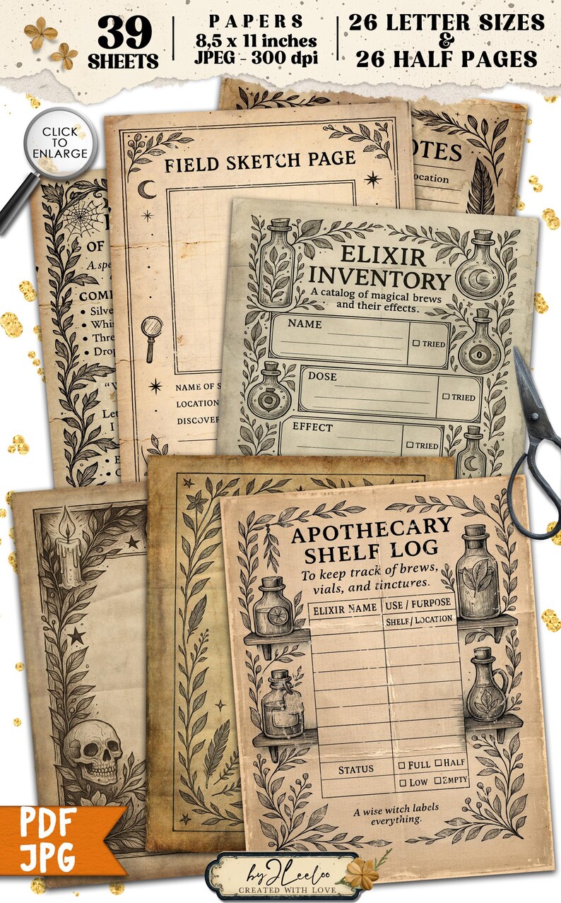 May include: A collection of vintage-style printable pages with a witchy theme. Includes an Elixir Inventory, Apothecary Shelf Log, and Field Sketch Page. The pages are adorned with botanical illustrations and text, with the words "39 Sheets" and "8.5 x 11 inches" visible.