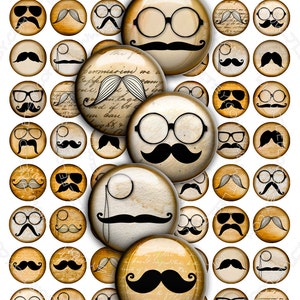 Folha de colagem digital BIGODE redondo de 1 polegada, imagens digitais para joias, adesivos magnéticos vintage, download instantâneo para impressão tn254