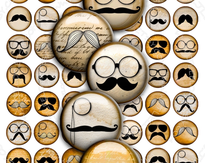 Digital collage sheet MUSTACHE 1 inch round digital images for jewelry magnet stickers vintage instant download printable tn254