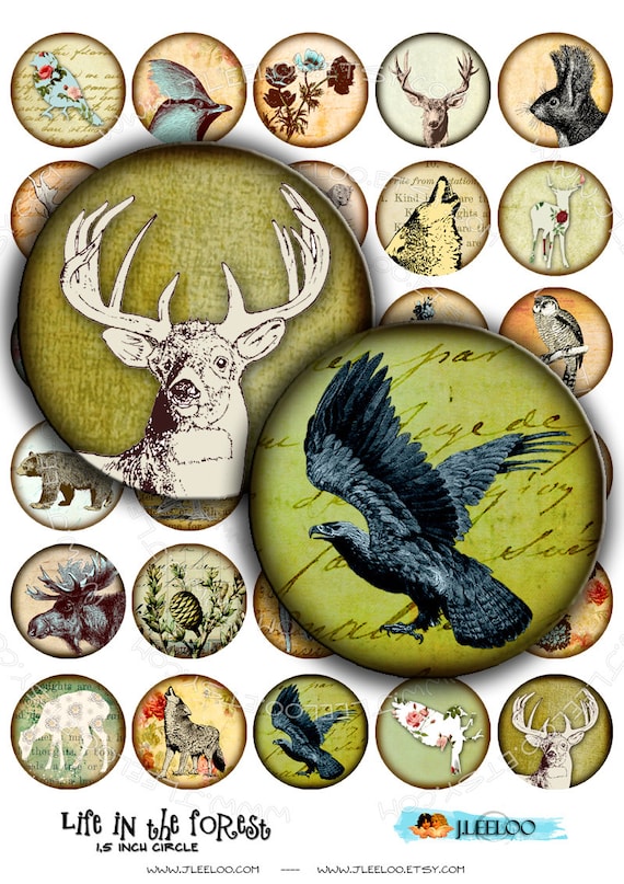 Digital printable LIFE in the FOREST 1.5 inch circle sheets wolf owl deer moose digital images pendant craft instant download tn232
