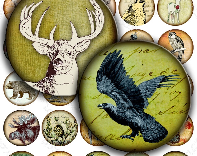 Digital printable LIFE in the FOREST 1.5 inch circle sheets wolf owl deer moose digital images pendant craft instant download tn232