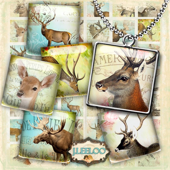 Digital printable HORNS 1x1 inch square deer moose digital images paper goods chic vintage pendant craft instant download qu433