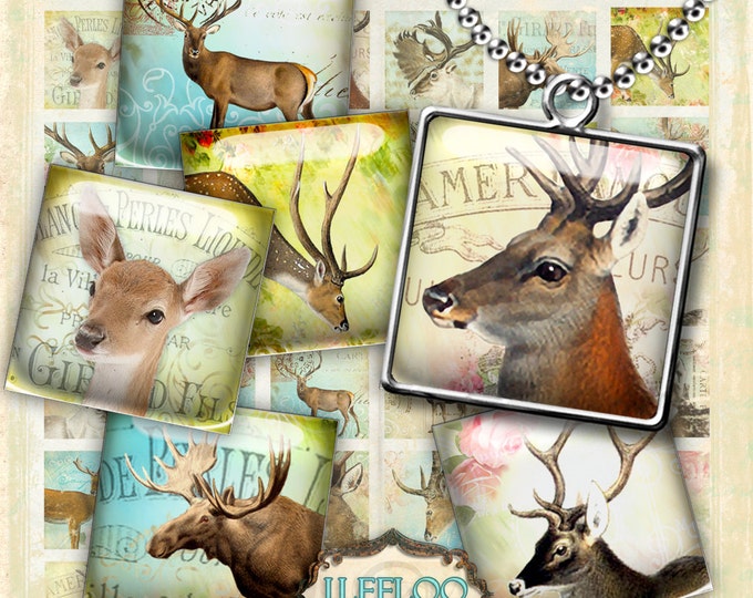 Digital printable HORNS 1x1 inch square deer moose digital images paper goods chic vintage pendant craft instant download qu433