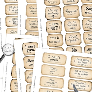 May include: A digital collection of 162 individual PNG images and 20 digital sheets featuring vintage-style rectangular labels with decorative borders. Each label contains unique phrases like Ridiculous, Poppycock, and I can't even in black text.