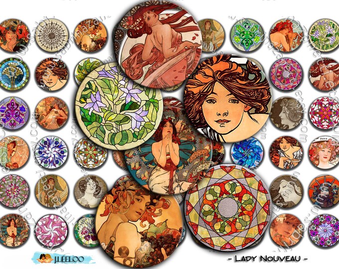Digital collage sheet LADY NOUVEAU 1 inch circle woman deco vintage romantic for pendant magnet and craft instant download printable tn135
