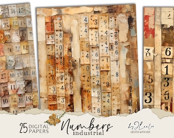 May include: 25 digital papers with a distressed, industrial look featuring numbers and a vintage aesthetic. The papers are in shades of brown, beige, and white.