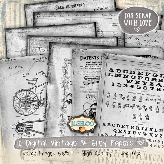 GRAY DOCUMENTS 10 digital collage sheets for scrapbook diary invited hang tag documents download printable invitation paper goods pp345