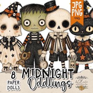 Peut inclure: Une illustration numérique de quatre personnages : un fantôme en robe étoilée, un monstre vert en salopette, un squelette en costume rayé tenant une horloge et un chat noir en robe étoilée. Le texte indique 8 MIDNIGHT Oddlings.