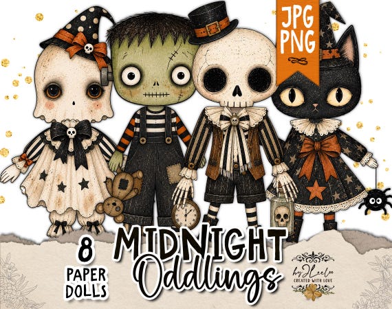 Halloween ARTICULATED PAPER DOLLS, Printable Gothic Doll Kit, Movable Characters, Kids Craft Activity, Vintage Junk Journal | ppK82