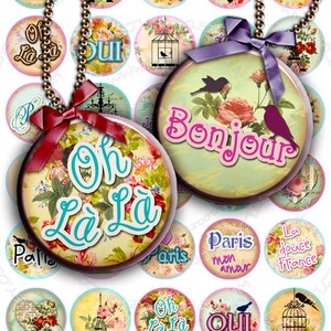 Digital Printable Sheet BONJOUR 1.5 Inch Circle Digital France Eiffel ...