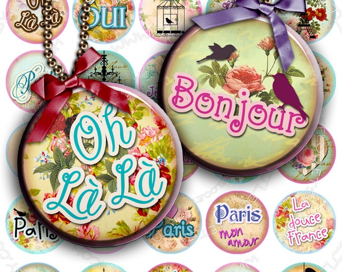 Digital printable sheet BONJOUR 1.5 inch circle digital france eiffel bird cage pendant magnet hang tags craft instant download tn277