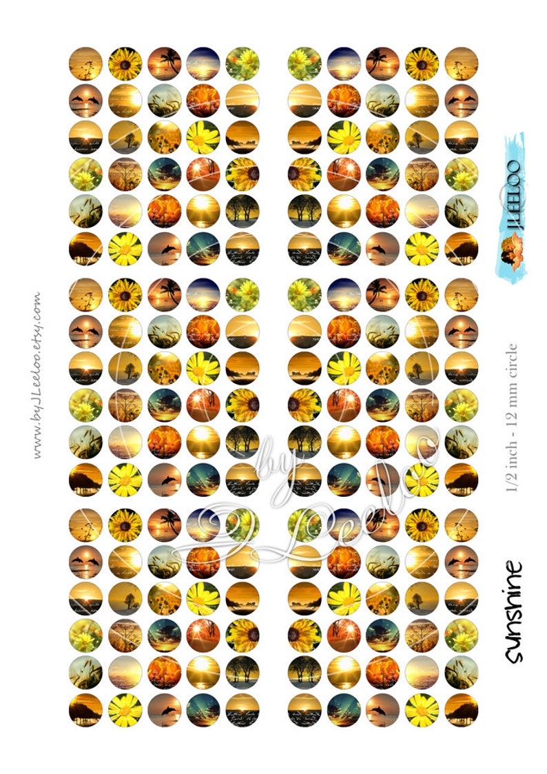 May include: A sheet of 1/2 inch (12 mm) round circle stickers featuring sunset and sunflower images. The stickers are arranged in two columns of 12 rows. The text "Sunshine" is printed on the right side of the sheet.