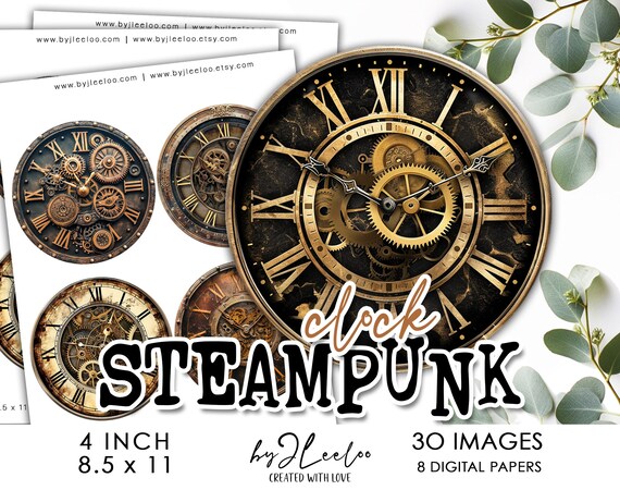 STEAMPUNK CLOCK 4 inch circle printable | Fussy cut supplies coaster decoration mirror magnet craft instant download diy | Labels | tn769