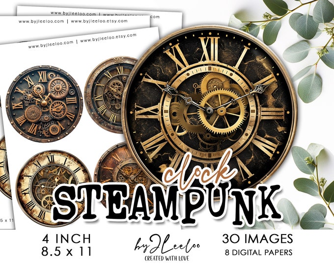 STEAMPUNK CLOCK 4 inch circle printable | Fussy cut supplies coaster decoration mirror magnet craft instant download diy | Labels | tn769