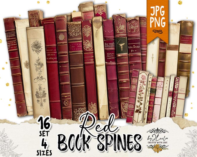 RED BOOK SPINES 16 Vintage Book Spine Images in 4 Sizes | Printable Antique Books Ephemera for Junk Journals, Scrapbooking & Crafts | pp981