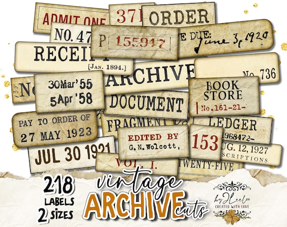 VINTAGE ARCHIVE CUTS text label printable word | old ledger vintage ephemera junk journal | scrapbook diary instant download | tl327