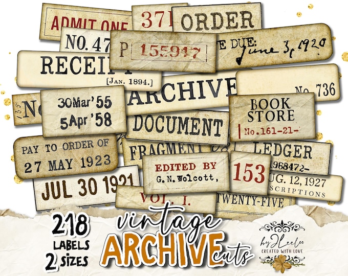 VINTAGE ARCHIVE CUTS text label printable word | old ledger vintage ephemera junk journal | scrapbook diary instant download | tl327