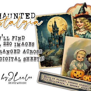 Puede incluir: Una descarga digital de 220 im&aacute;genes vintage de Halloween, que incluyen una casa encantada, ni&ntilde;os disfrazados de brujas y una calabaza. Las im&aacute;genes est&aacute;n dispuestas en 27 hojas digitales. El texto "HAUNTED nostalgia" est&aacute; en la parte superior de la imagen. El texto "YOU'LL FIND ALL 220 IMAGES ARRANGED ACROSS 27 DIGITAL SHEETS!" est&aacute; en el medio de la imagen. El texto "by Heeloo CREATED WITH LOVE" est&aacute; en la parte inferior de la imagen. El texto "BATS IN FLIGHT, GHOSTS ALIGHT, IT'S HALLOWEEN, A SPOOKY NIGHT" est&aacute; en la parte inferior de la imagen.