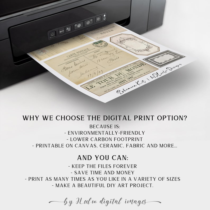 K&ouml;nnte beinhalten: Ein Drucker mit einem Blatt Papier darin. Das Papier enth&auml;lt Vintage-Etiketten mit franz&ouml;sischem Text. Der Text unter dem Drucker lautet: "Warum wir uns f&uuml;r die digitale Druckoption entscheiden? Weil sie: Umweltfreundlich ist, Einen geringeren CO2-Fu&szlig;abdruck hat, Auf Leinwand, Keramik, Stoff und mehr gedruckt werden kann... Und Sie k&ouml;nnen: Die Dateien f&uuml;r immer behalten, Zeit und Geld sparen, So oft Sie m&ouml;chten in verschiedenen Gr&ouml;&szlig;en drucken, Ein wundersch&ouml;nes DIY-Kunstprojekt erstellen. von Neelve digital images"