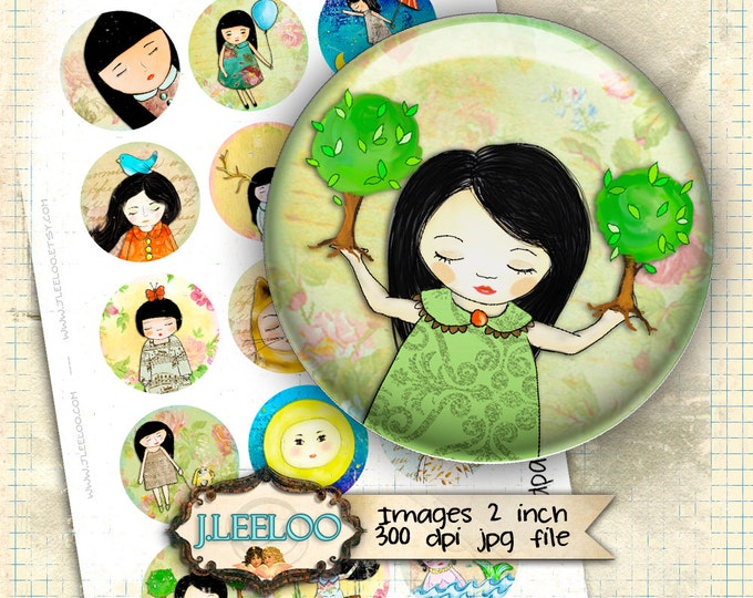 Digital collages HANDPAINTING 2 inch circle clipart romantic for pendant magnet and craft instant download printable paper tn403