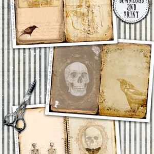 May include: Twelve digital scrapbook paper sheets with vintage illustrations of skeletons, skulls, birds, and insects. The paper sheets are designed for crafting and scrapbooking projects. The text on the image reads "12 sheets with two pages each, 3 sheets decorated for inside pages or covers, 6 sheets with embellishments: cards, tags, pockets, labels, Download and Print, by Fleeloo, Digital Images - Download & Print."
