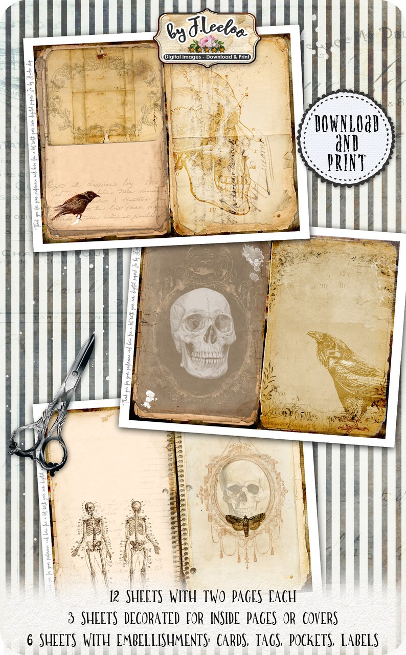 May include: Twelve digital scrapbook paper sheets with vintage illustrations of skeletons, skulls, birds, and insects. The paper sheets are designed for crafting and scrapbooking projects. The text on the image reads "12 sheets with two pages each, 3 sheets decorated for inside pages or covers, 6 sheets with embellishments: cards, tags, pockets, labels, Download and Print, by Fleeloo, Digital Images - Download & Print."