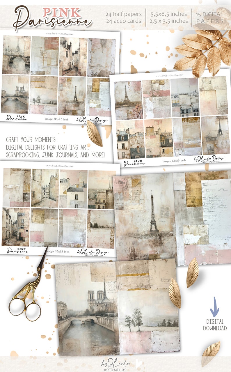 May include: A digital paper pack with 15 Parisian-themed designs featuring images of the Eiffel Tower, Notre Dame Cathedral, and Parisian streets. The papers are 5.5 x 8.5 inches and 2.5 x 3.5 inches. The pack also includes 24 half papers and 24 aceo cards.
