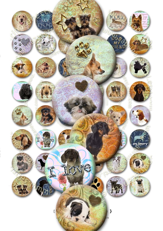 Digital collage DOGS in the CIRCLE  1 inch circle puppies pets vintage romantic for pendant craft instant download printable tn131