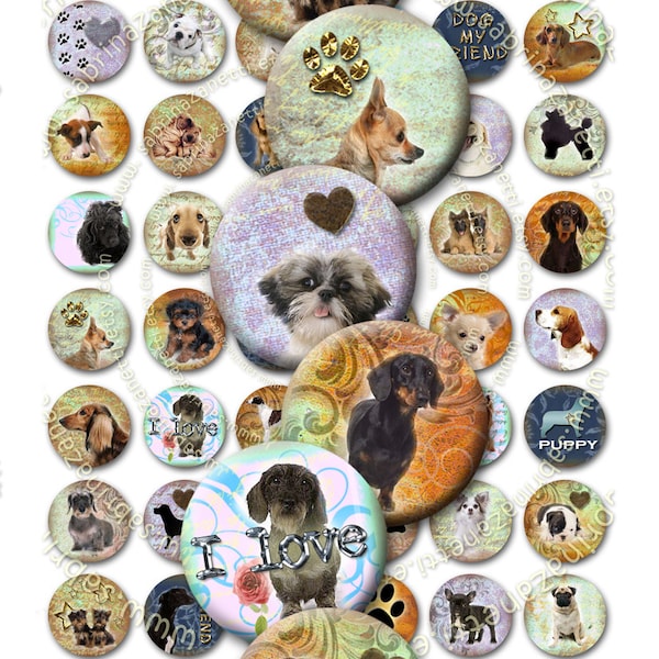 Collage numérique CHIENS dans le CERCLE 1 pouce cercle chiots animaux vintage romantique pour pendentif artisanat téléchargement instantané imprimable tn131