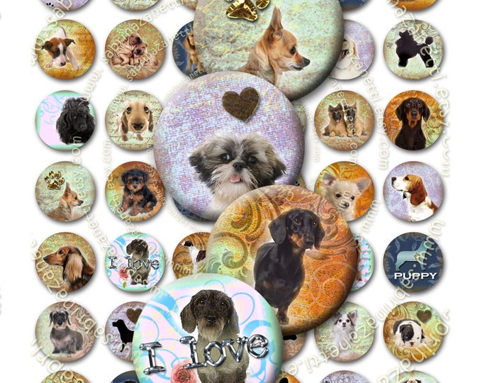 Digital collage DOGS in the CIRCLE  1 inch circle puppies pets vintage romantic for pendant craft instant download printable tn131
