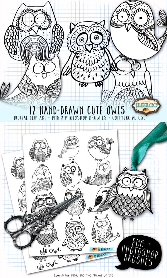 owls digital printable clip art silhouette outline hand drawn etsy