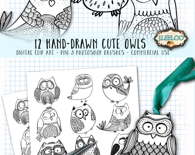 OWLS Digital Printable Clip Art silhouette outline Hand-drawn Commercial Use PNG & Photoshop Brush invitation scrapbook cl116
