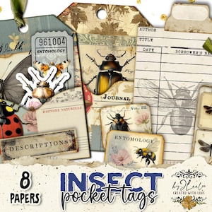Kit ETICHETTE TASCABILE INSETTI con sfondi – Effimere entomologiche vintage per diari spazzatura e scrapbooking / Etichette tascabili stampabili / tl321