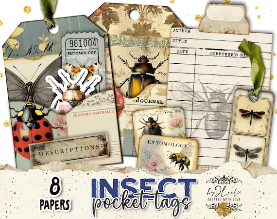 INSECT POCKET TAGS Kit with Backgrounds – Vintage Entomology Ephemera for Junk Journals and Scrapbooking | Printable Pocket labels | tl321
