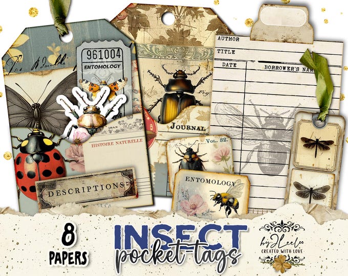 INSECT POCKET TAGS Kit with Backgrounds – Vintage Entomology Ephemera for Junk Journals and Scrapbooking | Printable Pocket labels | tl321