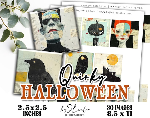 QUIRKY HALLOWEEN 2.5x2.5 inch printable | Digital collage sheet for square pendants glass cabochon jewelry | Download Commercial Use | qu616