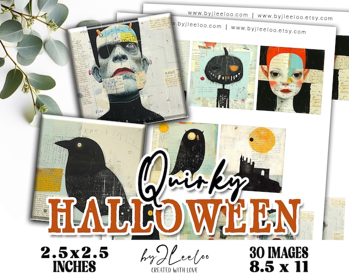 QUIRKY HALLOWEEN 2.5x2.5 inch printable | Digital collage sheet for square pendants glass cabochon jewelry | Download Commercial Use | qu616
