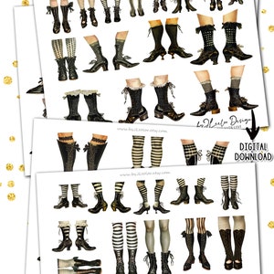 May include: Thirteen digital papers featuring Victorian-style legs in various stockings and boots. The papers are 8.5 by 11 inches and 300 dpi.