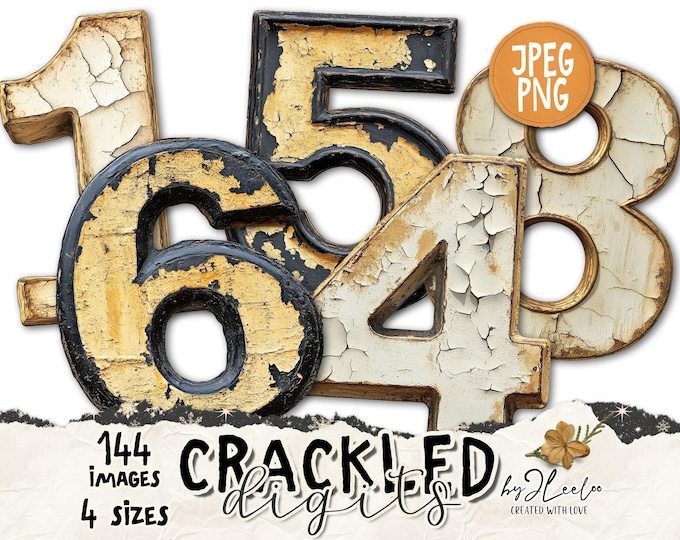 CRACKLED DIGITS 144 Png | Black Ivory Golg Jpg Png numbers 2 style 4 sizes | junk journal scrapbook industrial Home Decor Printable | cl187