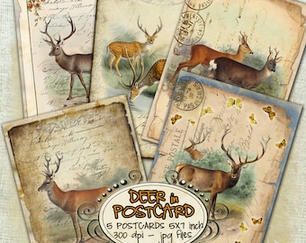 DEER postcards digital graphics  Digital collage sheet instant download hang tags printable romantic paper goods jewelry holder pp208