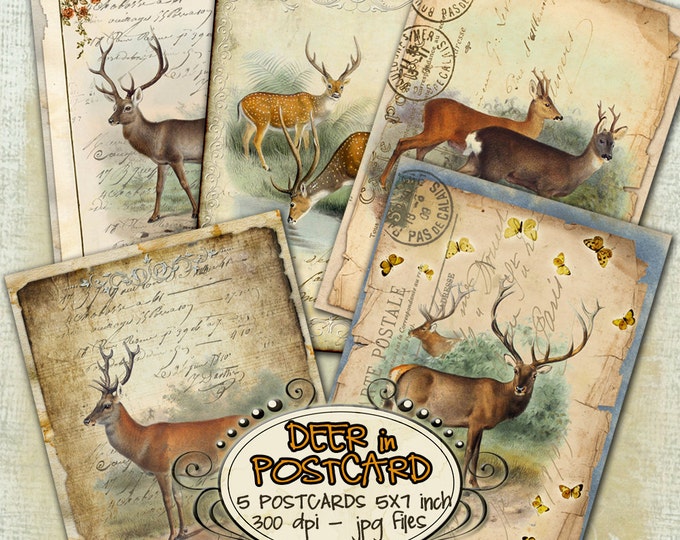 DEER postcards digital graphics  Digital collage sheet instant download hang tags printable romantic paper goods jewelry holder pp208