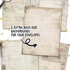 May include: A collection of vintage-style paper backgrounds with aged textures and faded colors. The image includes lined and grid paper, along with text and stamps. Text on the image reads "5. EXTRA BACK-SIDE BACKGROUNDS FOR YOUR ENVELOPES."