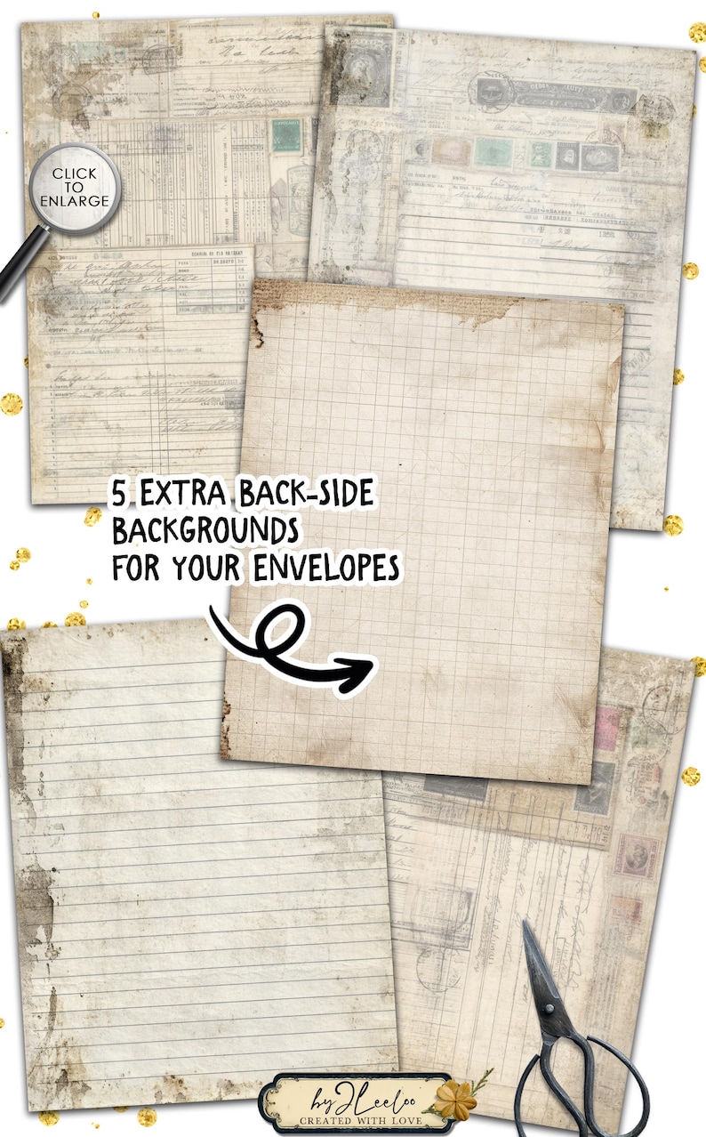 May include: A collection of vintage-style paper backgrounds with aged textures and faded colors. The image includes lined and grid paper, along with text and stamps. Text on the image reads "5. EXTRA BACK-SIDE BACKGROUNDS FOR YOUR ENVELOPES."