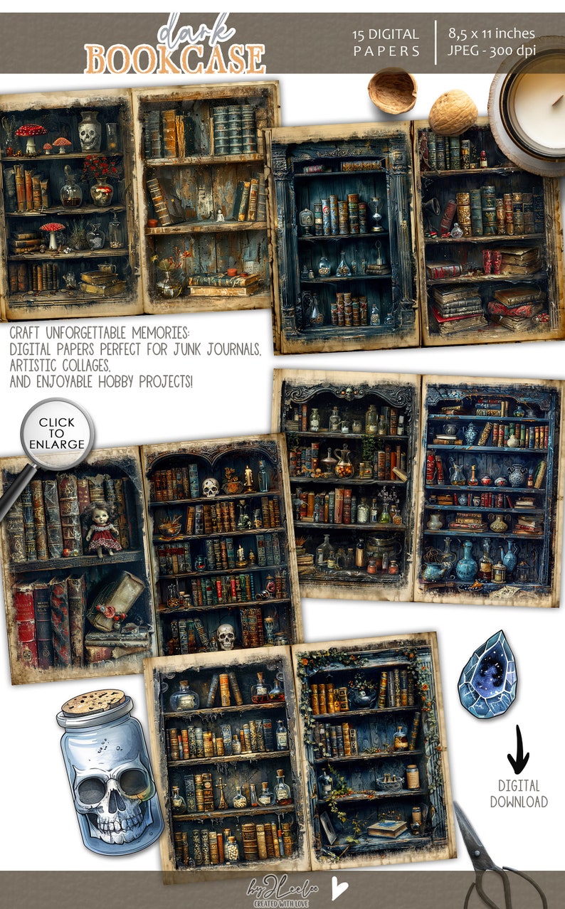 DARK BOOKCASE Junk Journal Printable | Blank Half Pages Tags Mixed ...
