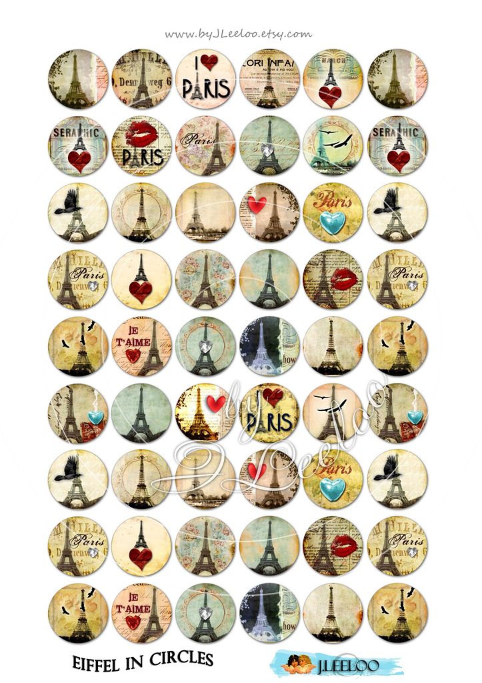 EIFFEL IN CIRCLE Digital Collage Sheet 1 Inch Size Circle Images for ...