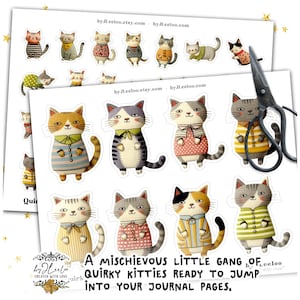 Op de afbeelding: Vellen met stickers met ge&iuml;llustreerde katten in verschillende outfits. De katten staan in verschillende poses en kleuren, sommige dragen truien en jurken. De tekst luidt: "Een ondeugende kleine bende eigenzinnige katjes klaar om in je journaalpagina's te springen."
