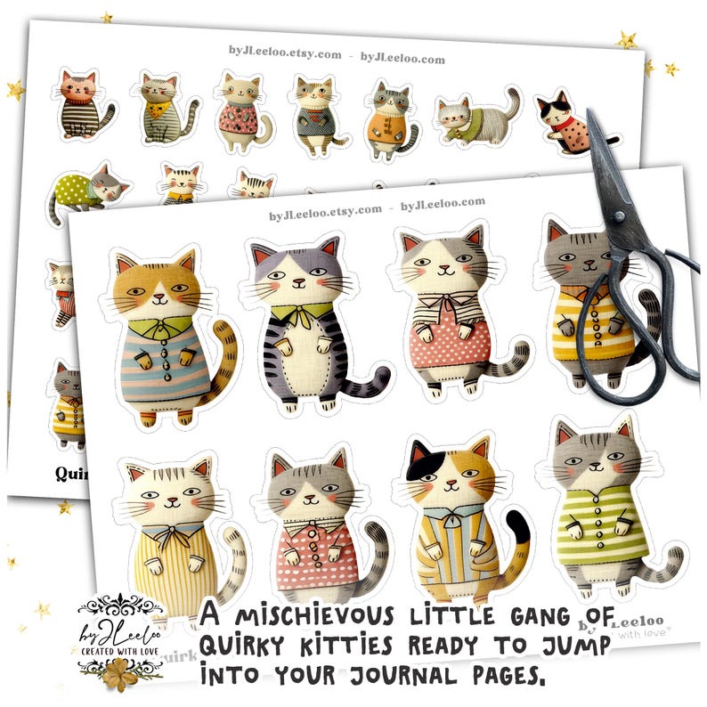 Op de afbeelding: Vellen met stickers met ge&iuml;llustreerde katten in verschillende outfits. De katten staan in verschillende poses en kleuren, sommige dragen truien en jurken. De tekst luidt: "Een ondeugende kleine bende eigenzinnige katjes klaar om in je journaalpagina's te springen."