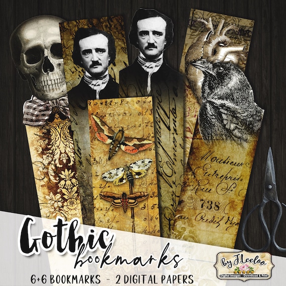 GOTHIC BOOKMARKS printable scary paper | Victorian digital supplies | Poe bat and skull for junk journal mixed media Ephemera cards | bm111