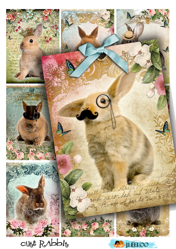 CUTE RABBIT printable atc invitation diary art cards Digital collage scrapbook puppies vintage photo background ac272